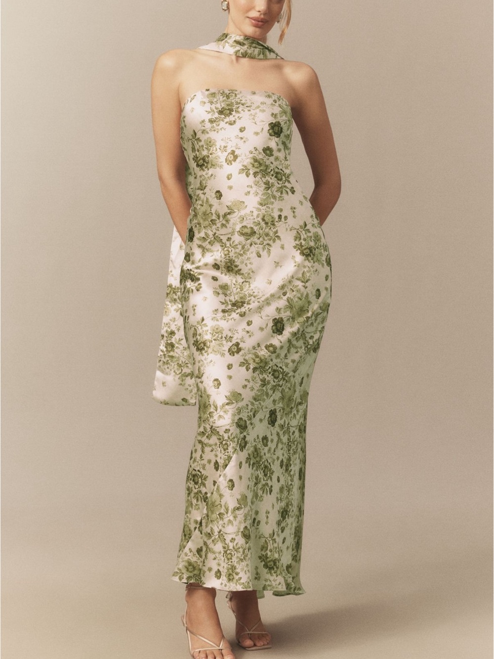 BHLDN Strapless Cream Satin Dress with Green Floral Print Anthropologie